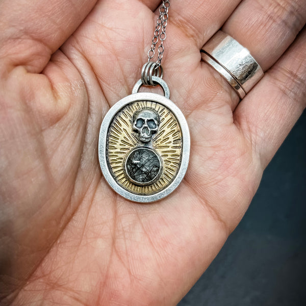 HOLD FOR NICOLE HARRIS: Skull and Rutile Quartz Memento Mori Medallion