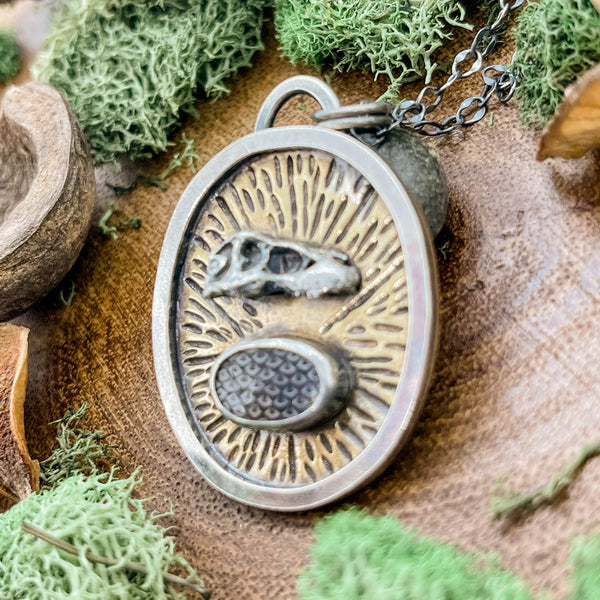 Dinosaur Skull and Snakeskin Agate Memento Mori